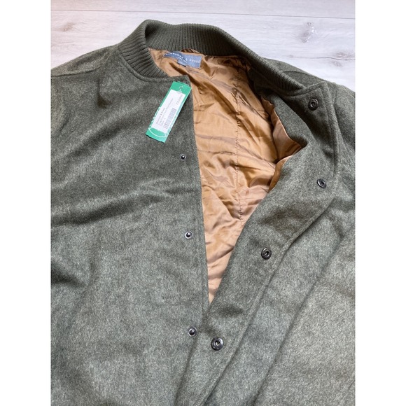 Bleecker & Broad Men Olive Snap Front Faux Wool Bomber Jacket L New With Tags - Picture 5 of 6